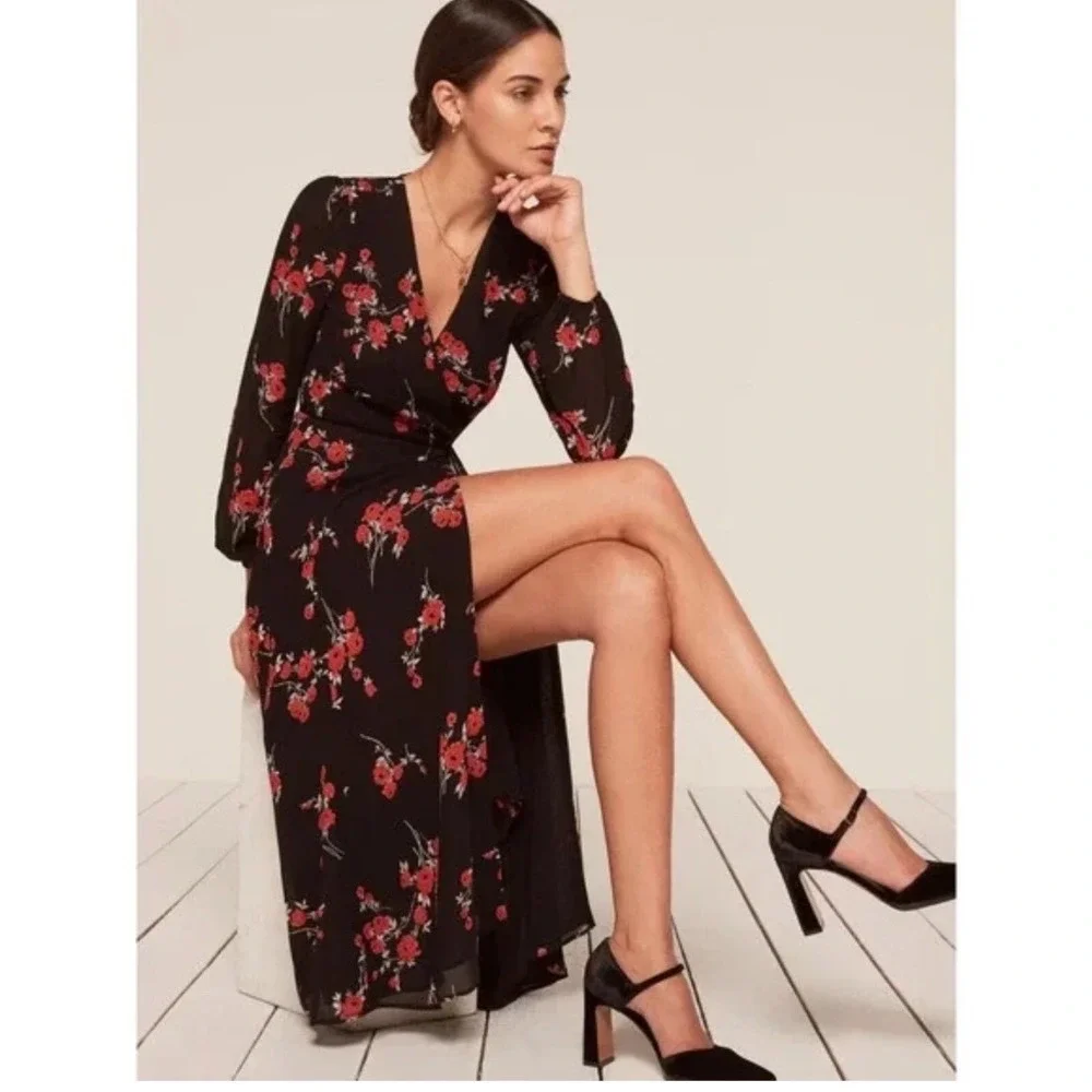 Reformation Womens Nicole Wrap Floral Midi Dress Long Sleeve Size L Boho Cottage - Picture 2 of 10